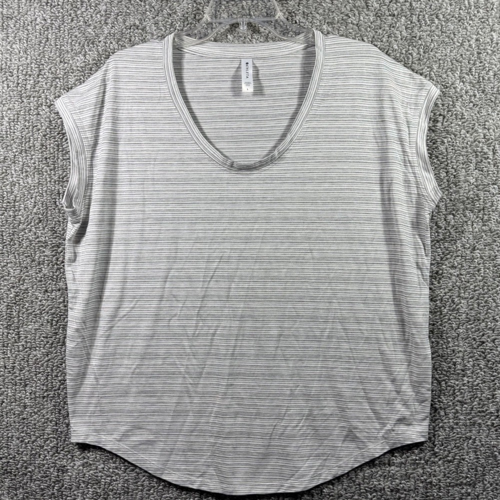 Athleta Top Gray‎ White Striped Scoop Neck Cap Sleeve Curved Hem Stretch Large